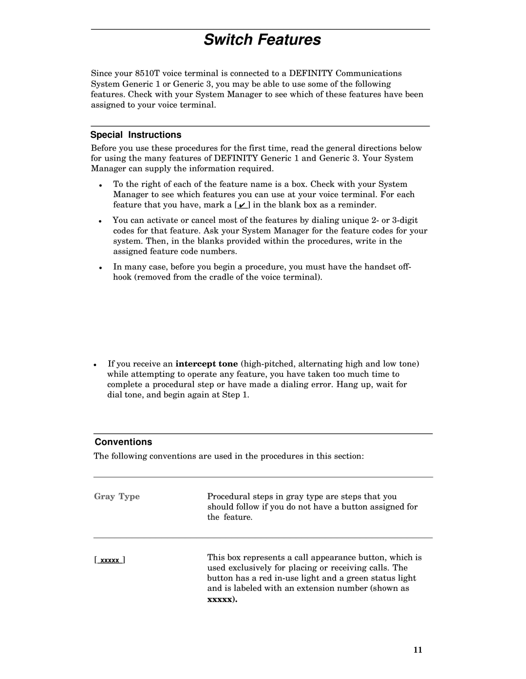 AT&T 8510T manual Switch Features, Gray Type 