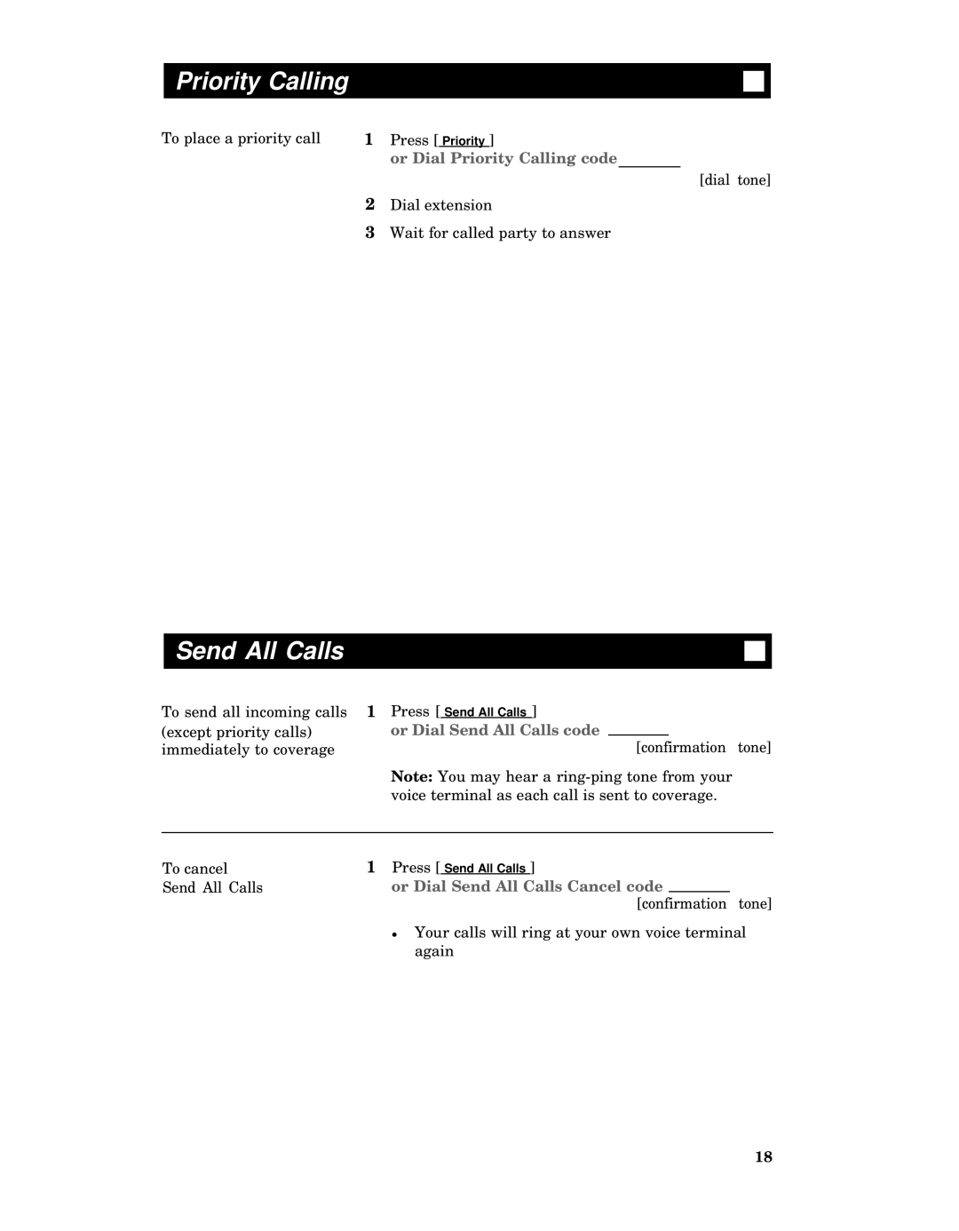 AT&T 8510T manual Or Dial Priority Calling code, Or Dial Send All Calls code, Or Dial Send All Calls Cancel code 