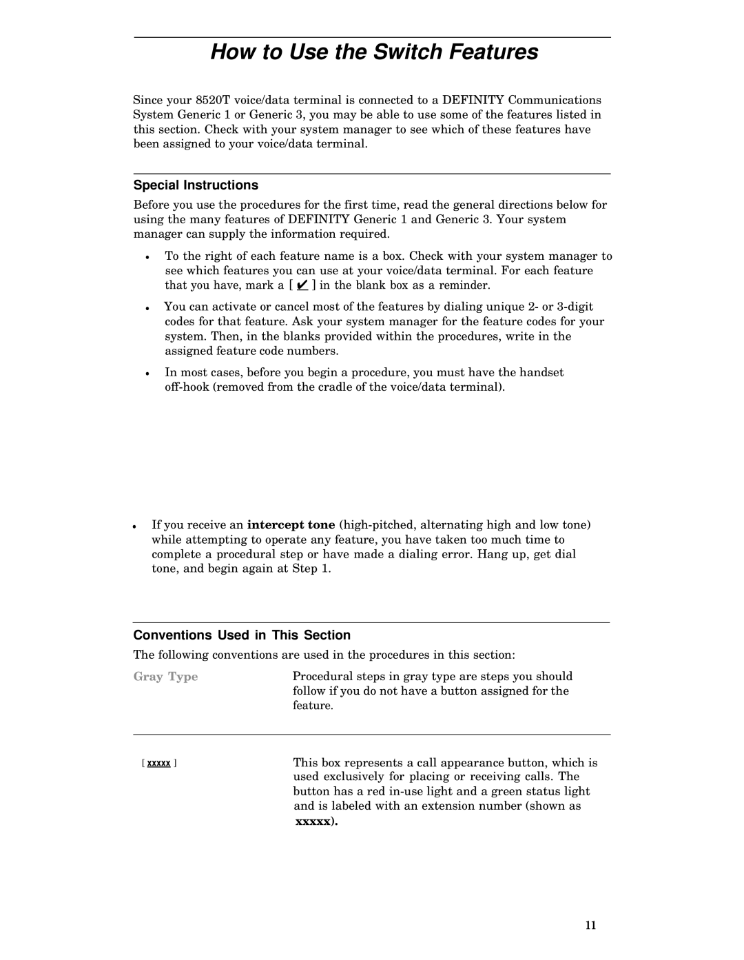 AT&T 8520T manual How to Use the Switch Features, Special Instructions 