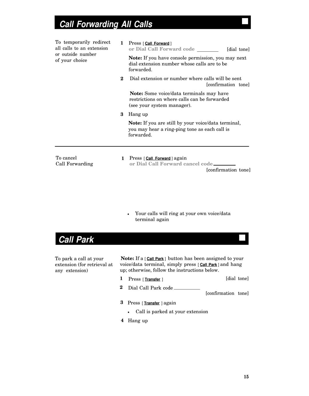 AT&T 8520T manual Call Forwarding All Calls, Call Park 