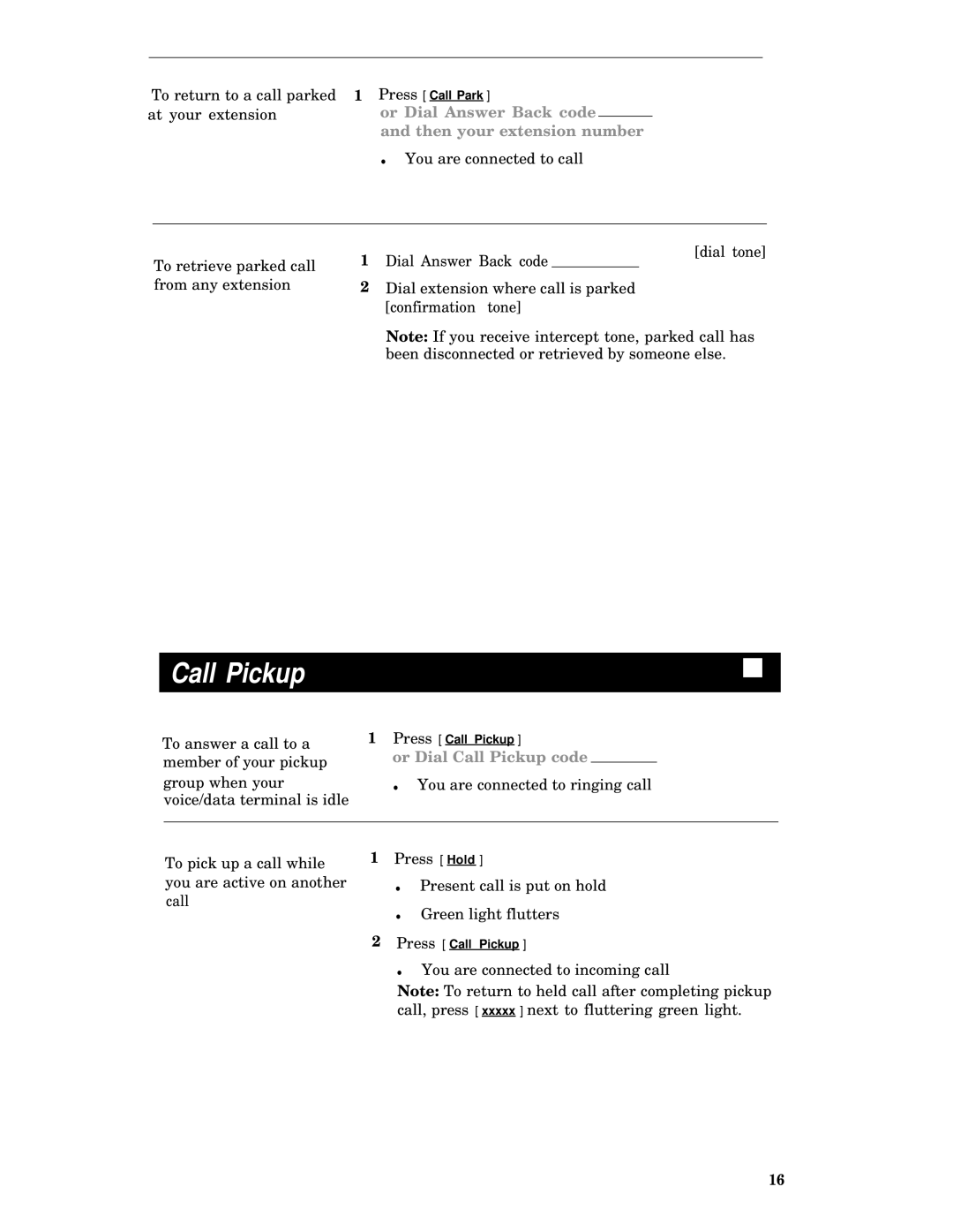 AT&T 8520T manual Call Pickup, Or Dial Answer Back code Then your extension number 