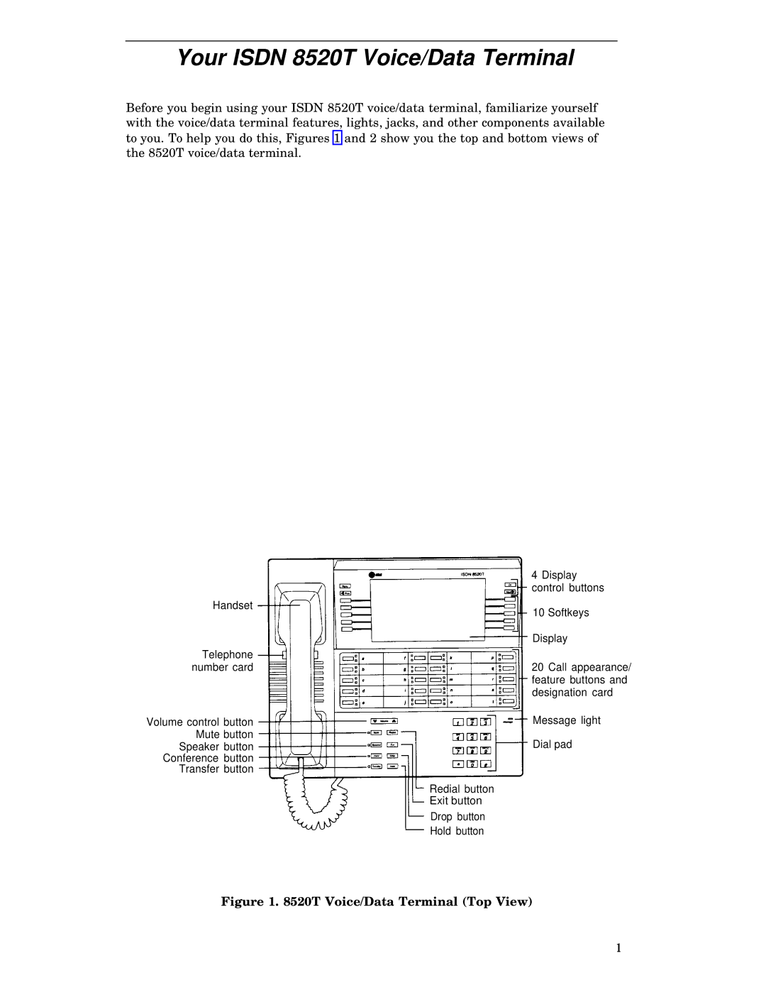 AT&T manual Your Isdn 8520T Voice/Data Terminal, Voice/Data Terminal Top View 