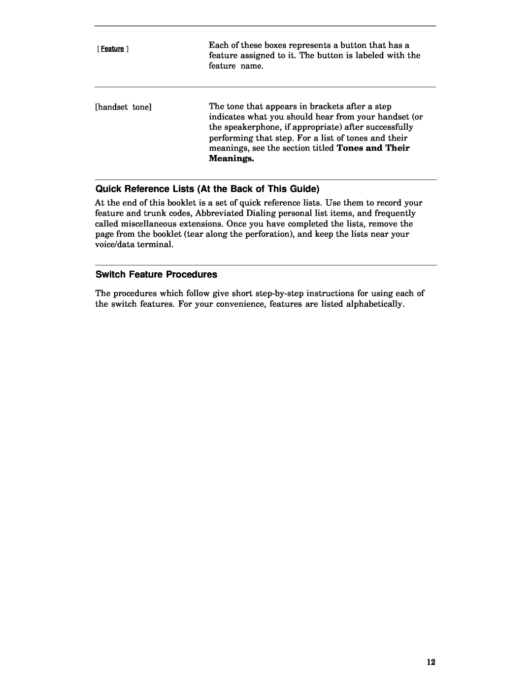 AT&T 8520T manual Quick Reference Lists At the Back of This Guide, Switch Feature Procedures, Meanings 