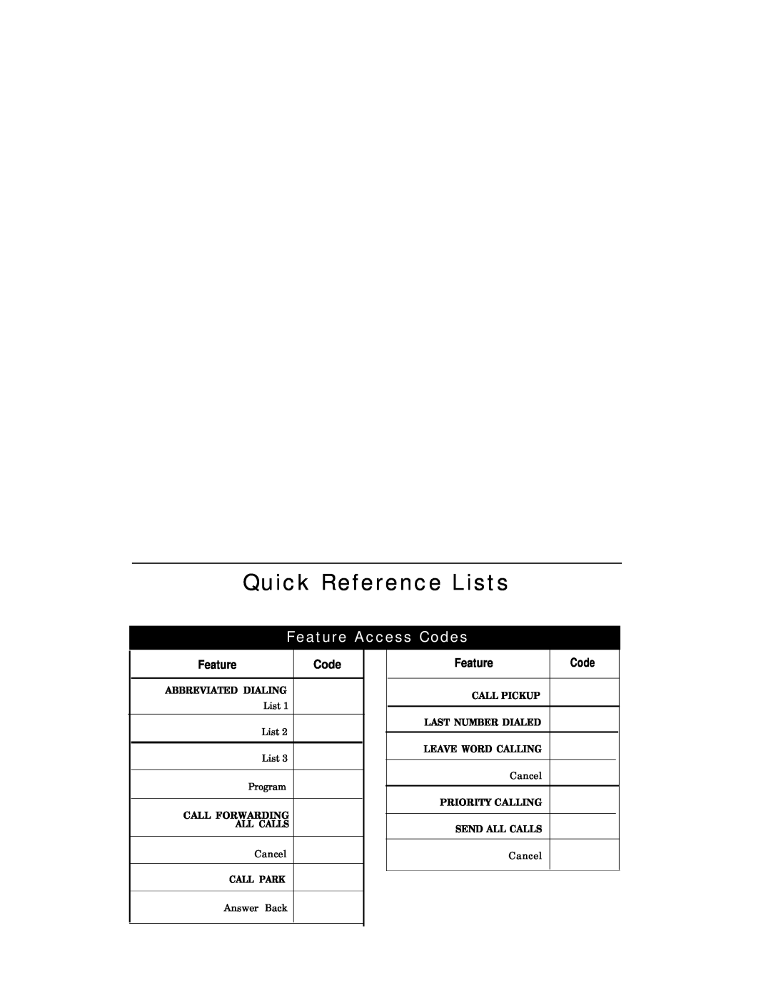 AT&T 8520T Feature Access Codes, Quick Reference Lists, Abbreviated Dialing, List List List Program, Cancel, Call Park 