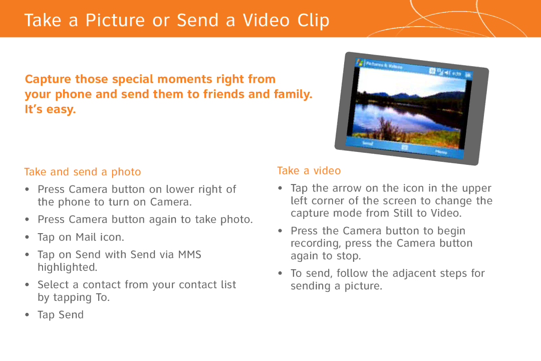 AT&T 8525 quick start Take a Picture or Send a Video Clip, Take and send a photo, Take a video 