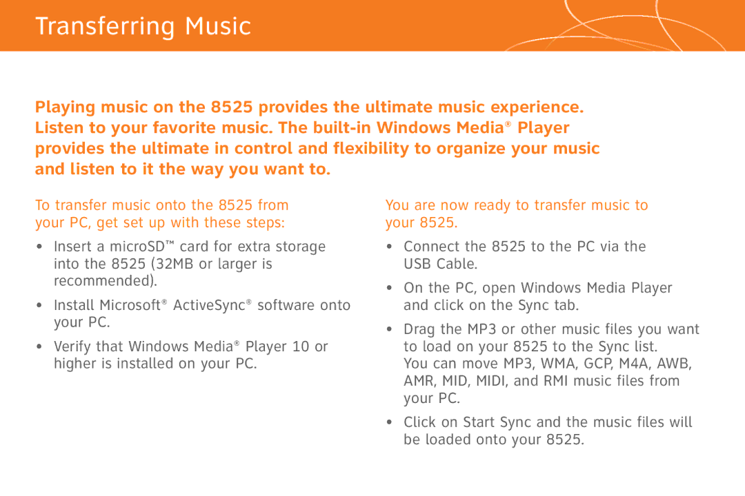 AT&T 8525 quick start Transferring Music, You are now ready to transfer music to your 