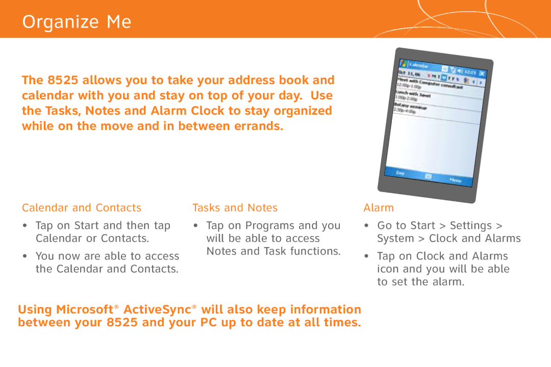 AT&T 8525 quick start Organize Me, Calendar and Contacts, Tasks and Notes, Alarm 