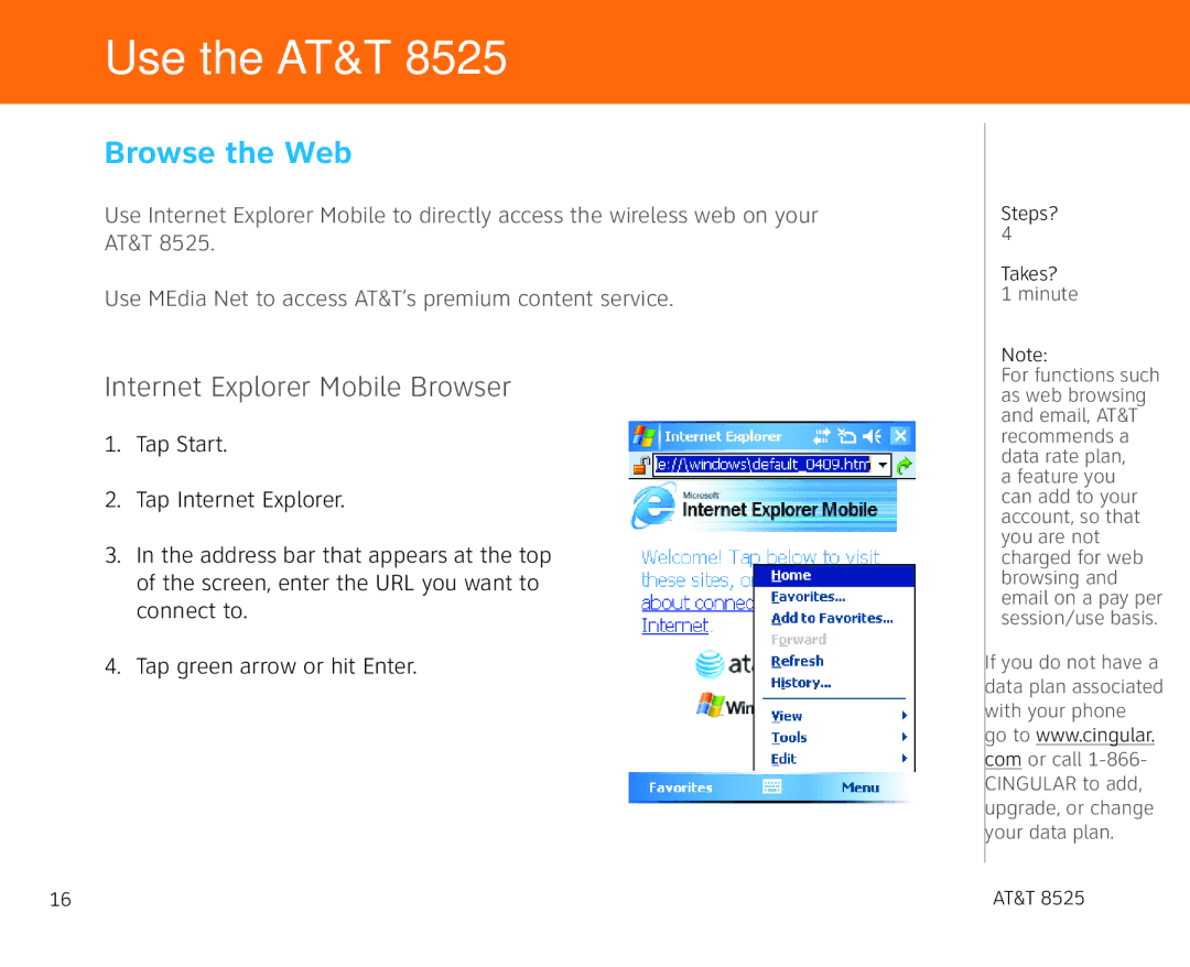 AT&T 855 manual Use the AT&T, Browse the Web, Internet Explorer Mobile Browser 