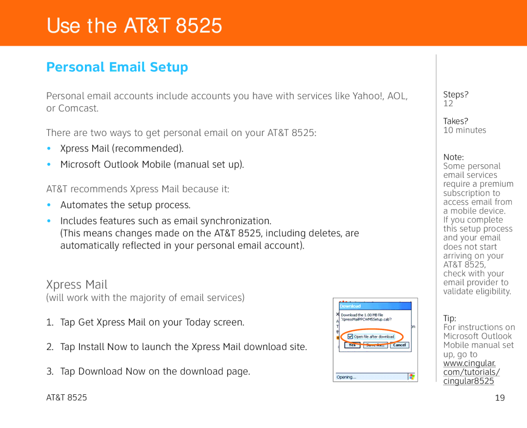 AT&T 855 manual Personal Email Setup, Xpress Mail 