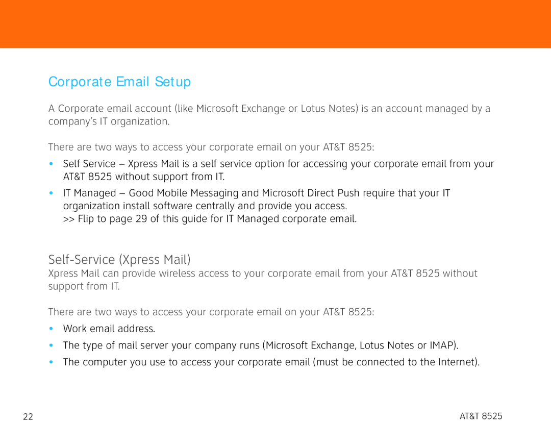 AT&T 855 manual Corporate Email Setup, Self-Service Xpress Mail 