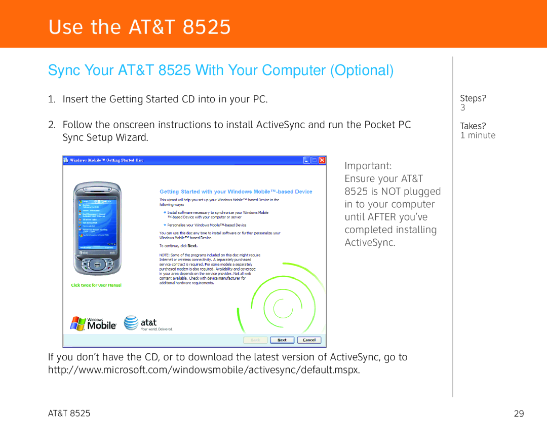 AT&T 855 manual Sync Your AT&T 8525 With Your Computer Optional 