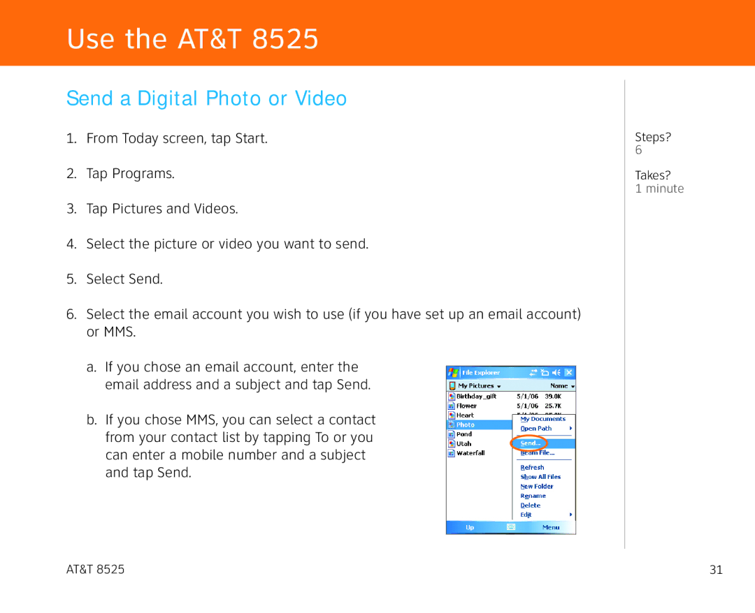 AT&T 855 manual Send a Digital Photo or Video 