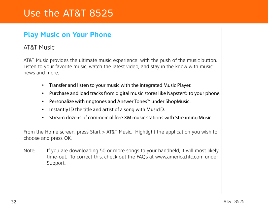 AT&T 855 manual Play Music on Your Phone, AT&T Music 