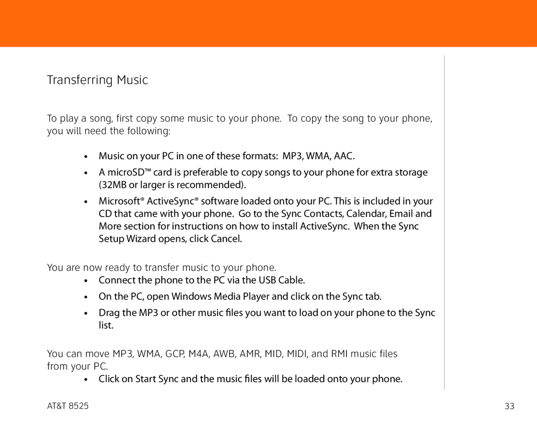 AT&T 855 manual Transferring Music 