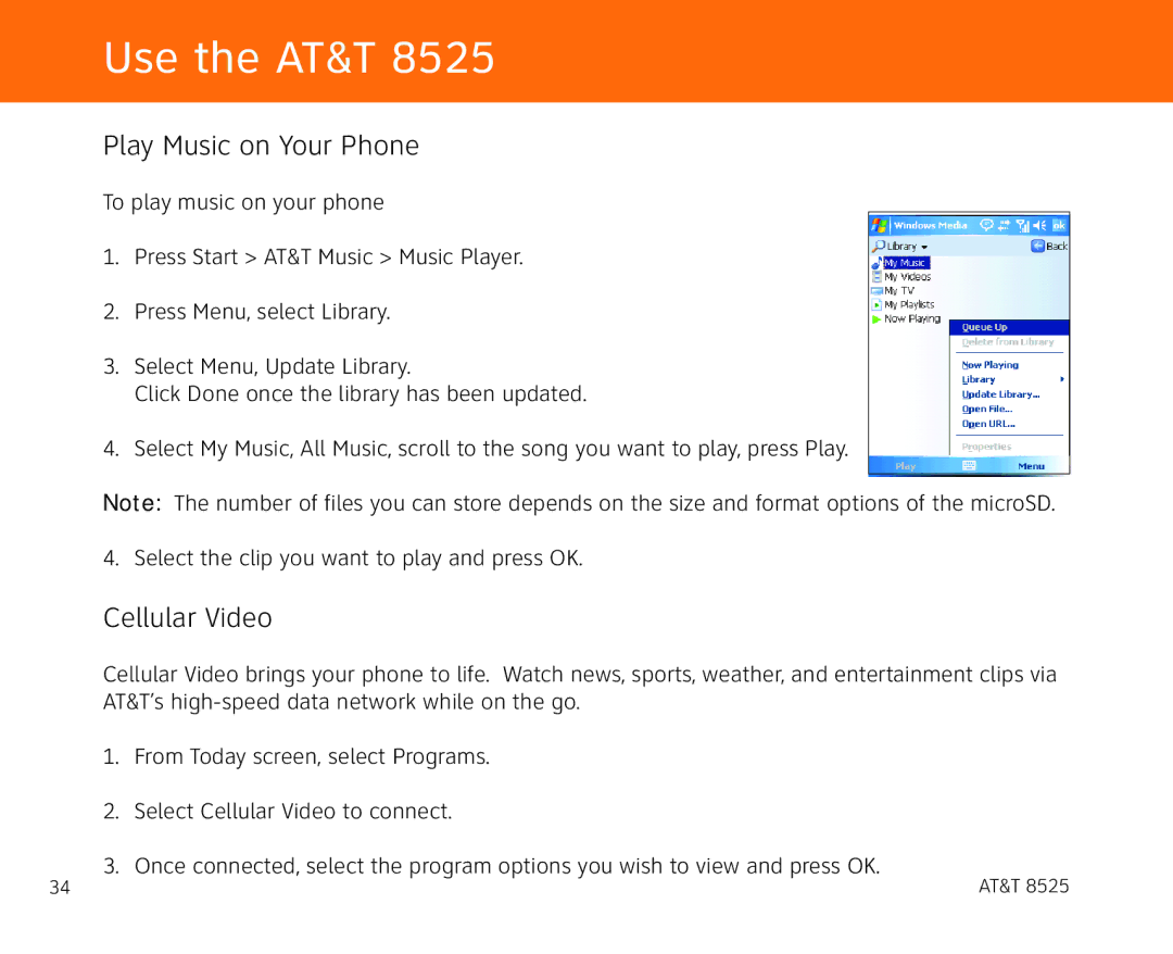 AT&T 855 manual Play Music on Your Phone, Cellular Video 