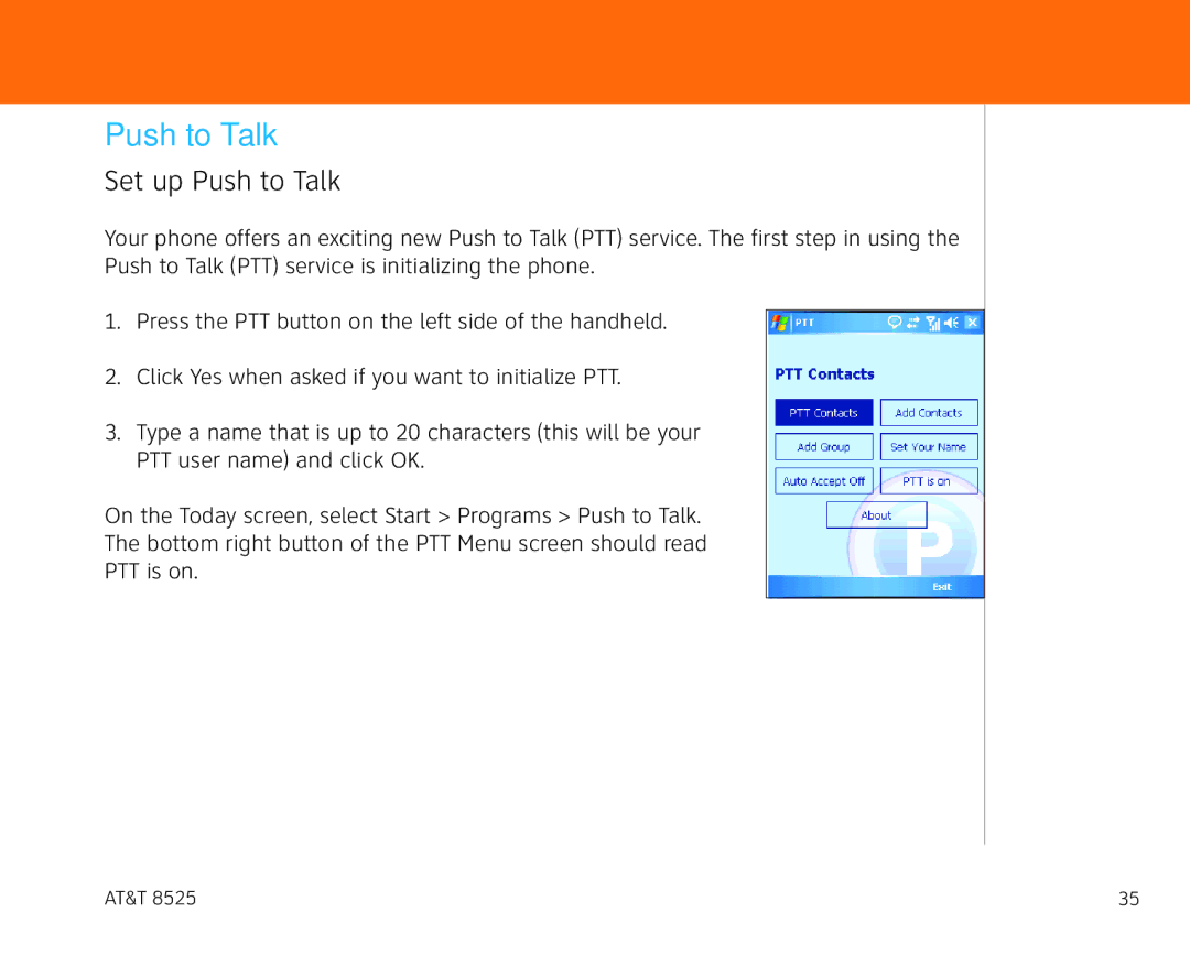 AT&T 855 manual Set up Push to Talk 