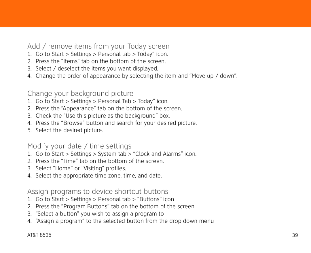 AT&T 855 manual Add / remove items from your Today screen, Change your background picture, Modify your date / time settings 