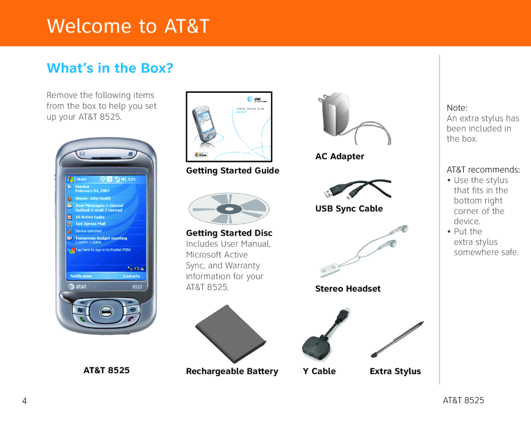 AT&T 855 manual Welcome to AT&T, What’s in the Box? 