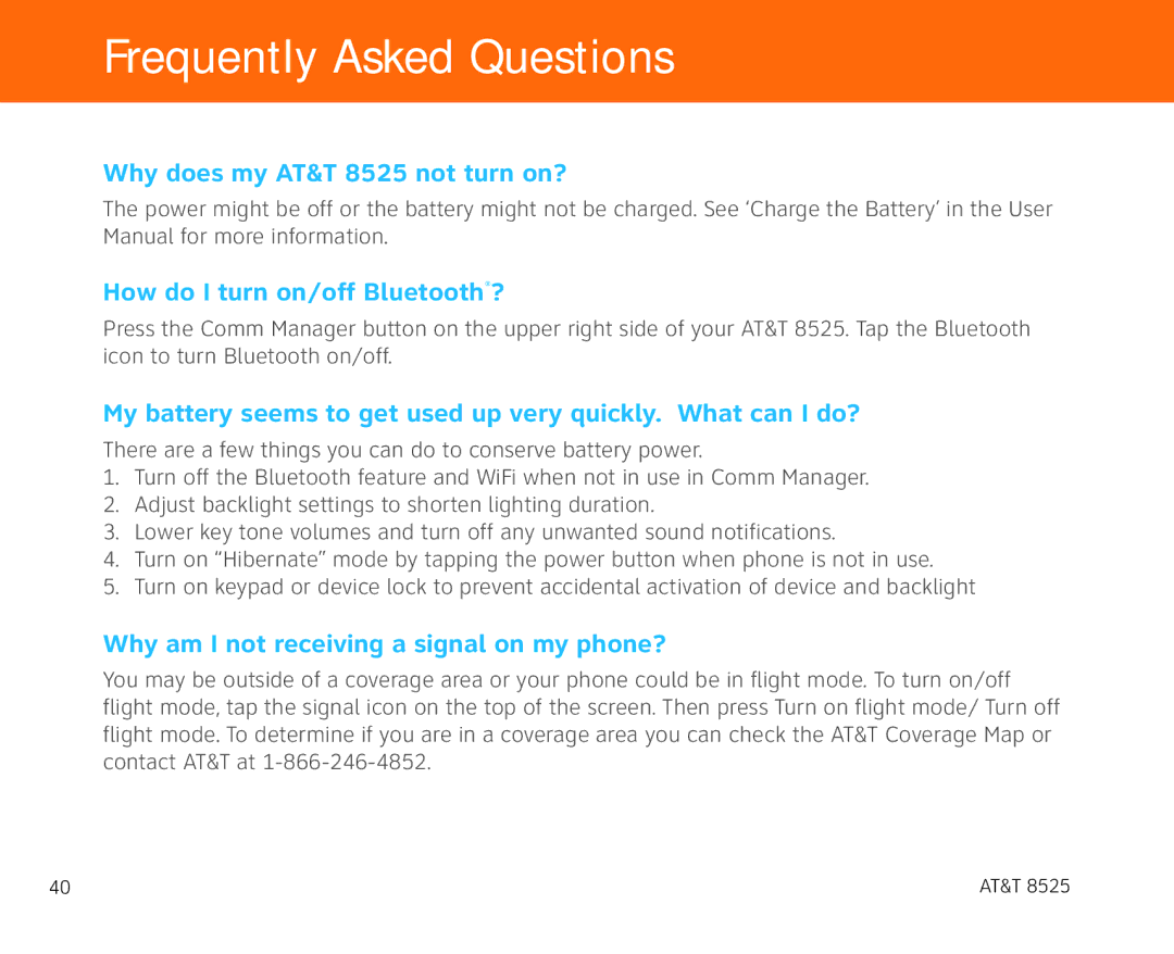 AT&T 855 manual Frequently Asked Questions, Why am I not receiving a signal on my phone? 