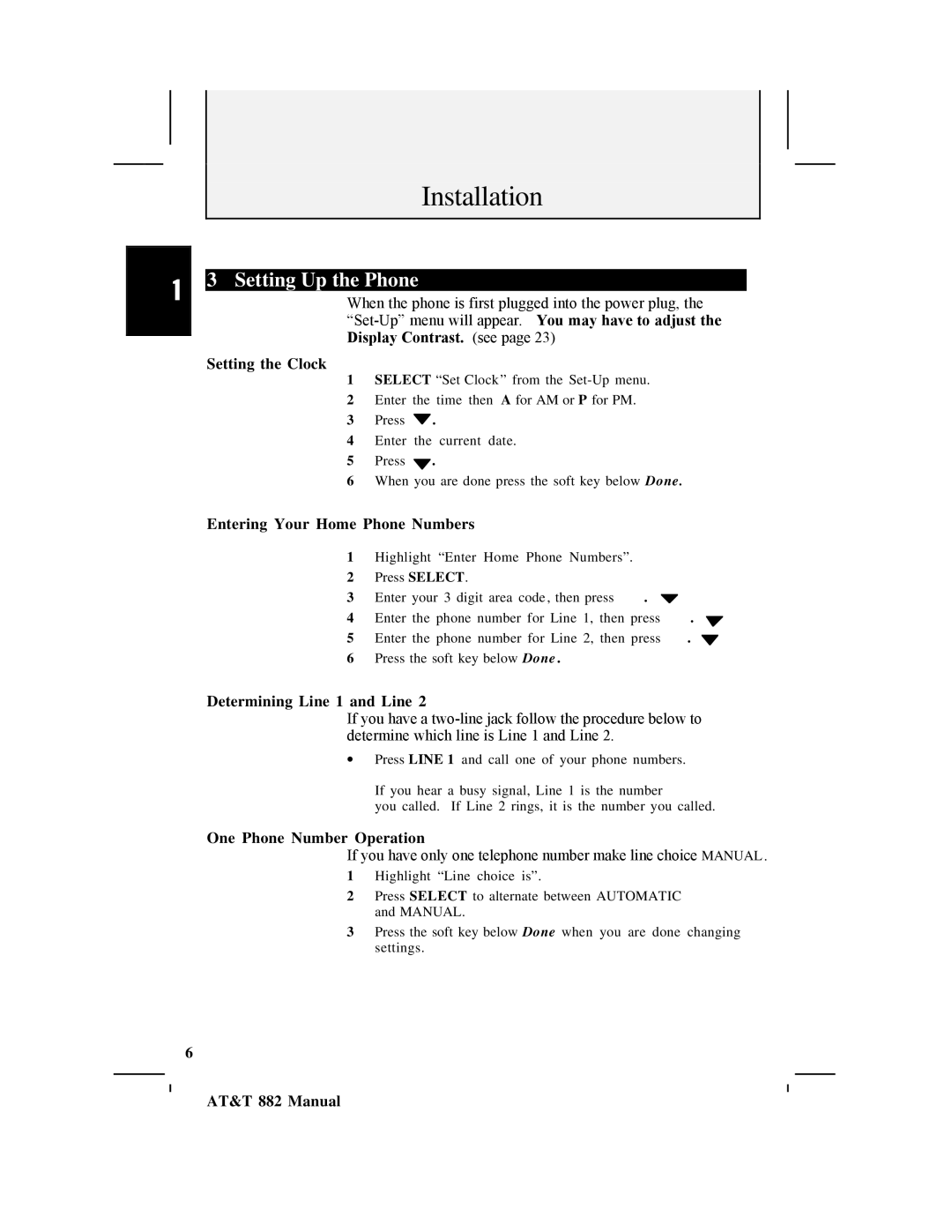 AT&T 882 Setting the Clock, Entering Your Home Phone Numbers, Determining Line 1 and Line, One Phone Number Operation 