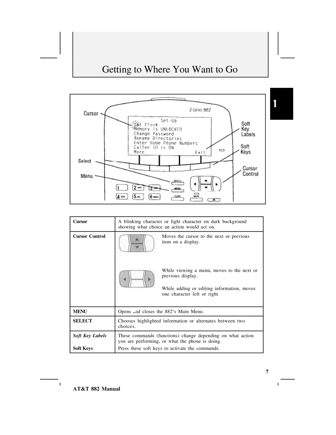 AT&T 882 user manual Getting to Where You Want to Go, Cursor Control, Soft Keys 