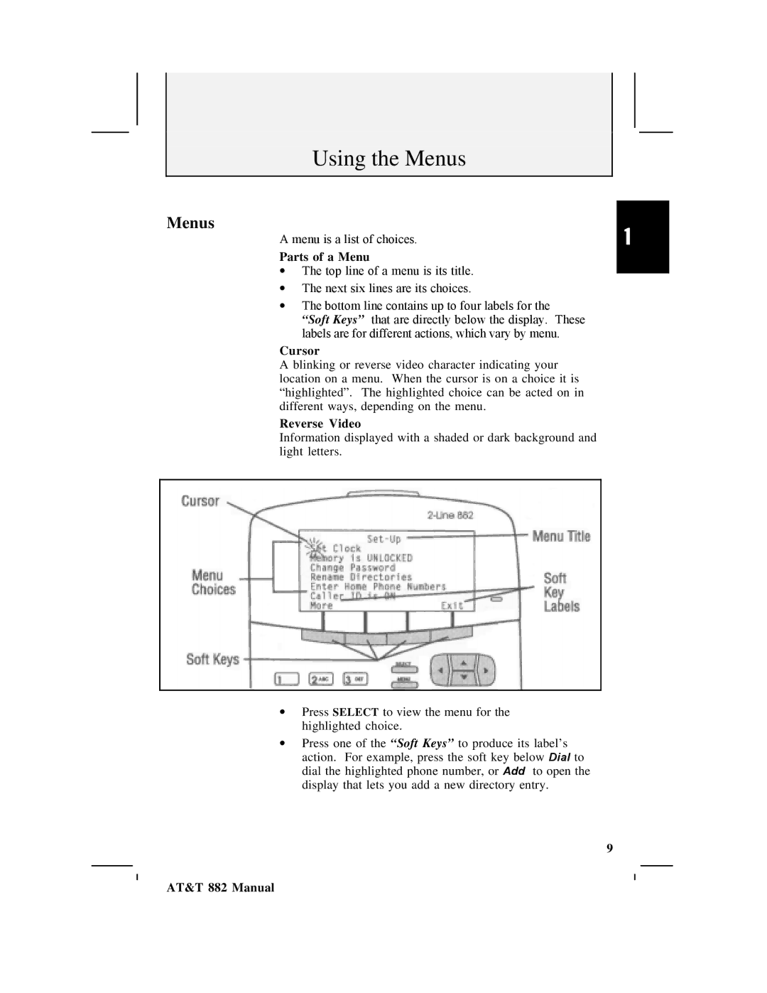 AT&T 882 user manual Using the Menus, Parts of a Menu, Cursor, Reverse Video 