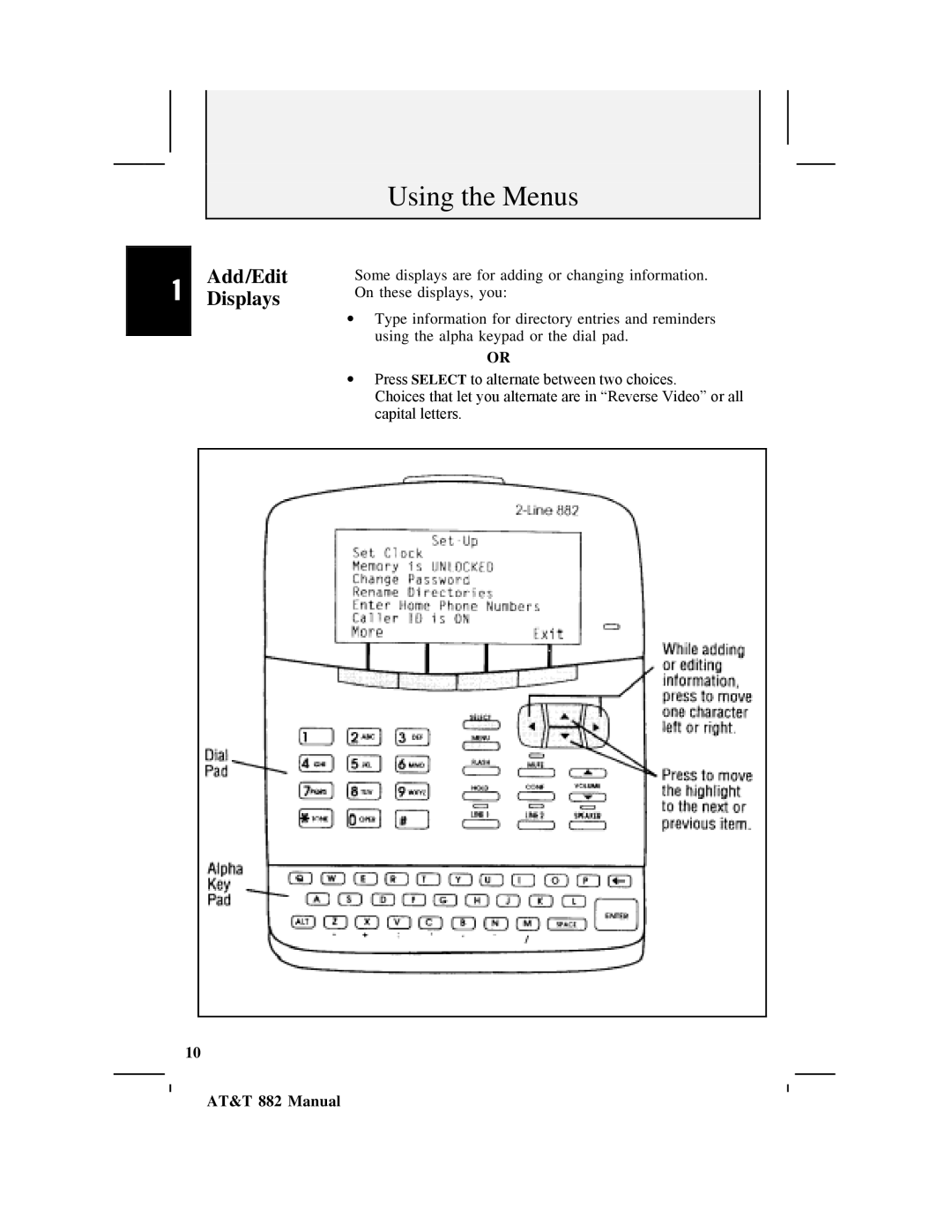 AT&T 882 user manual Add/Edit Displays 