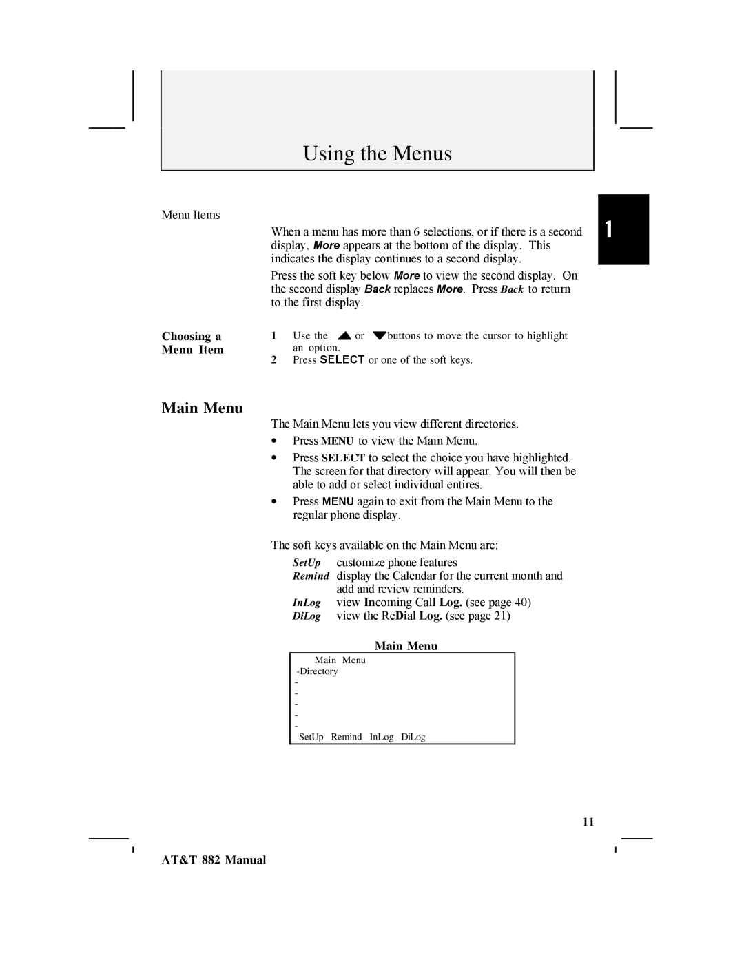 AT&T 882 user manual Main Menu, Choosing a Menu Item 