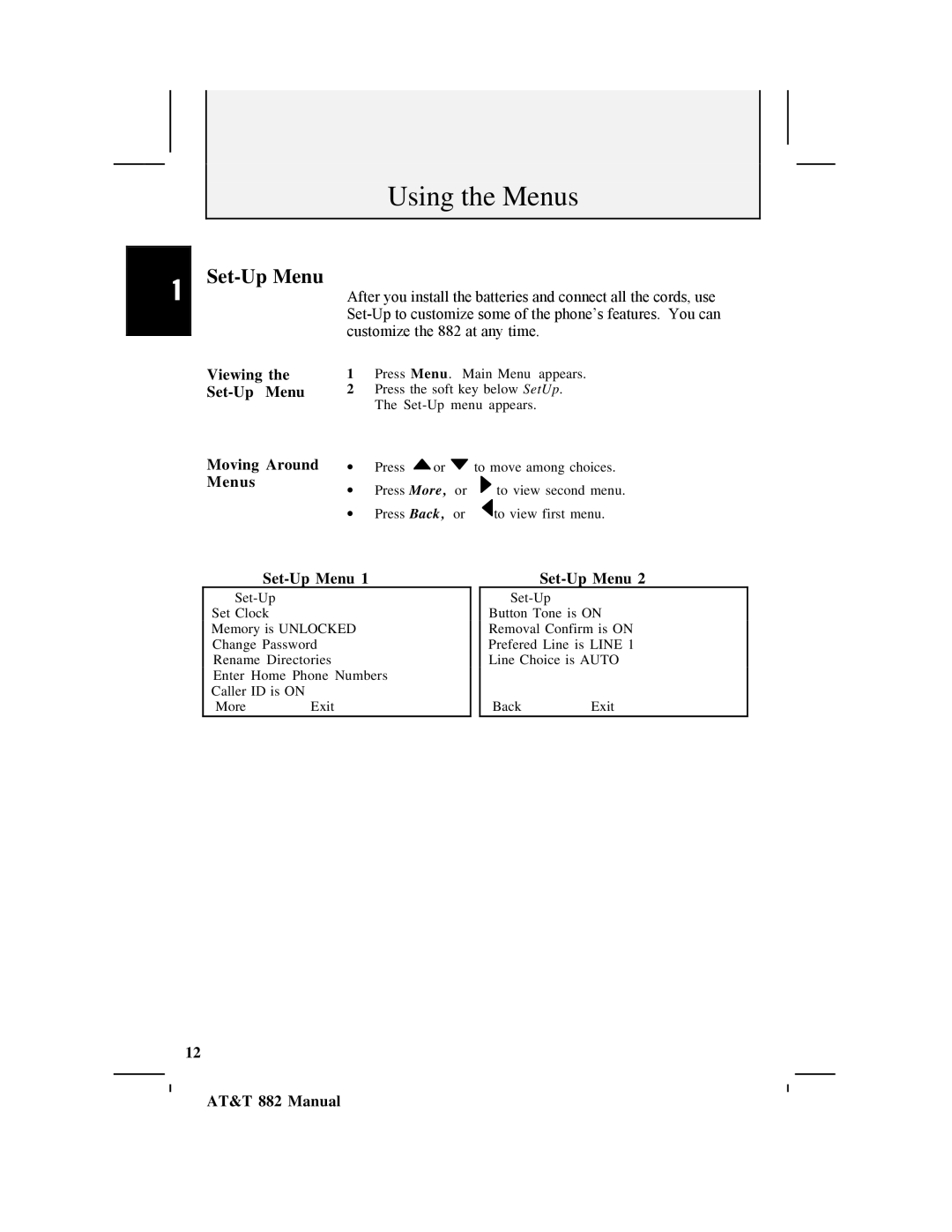 AT&T 882 user manual Set-Up Menu, Viewing, Moving Around, Menus 