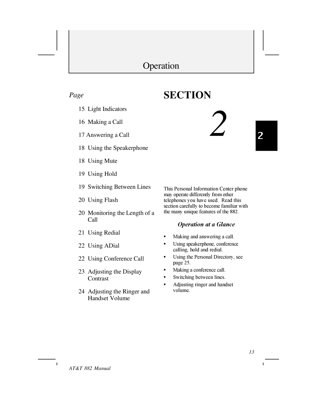 AT&T 882 user manual Section, Operation 