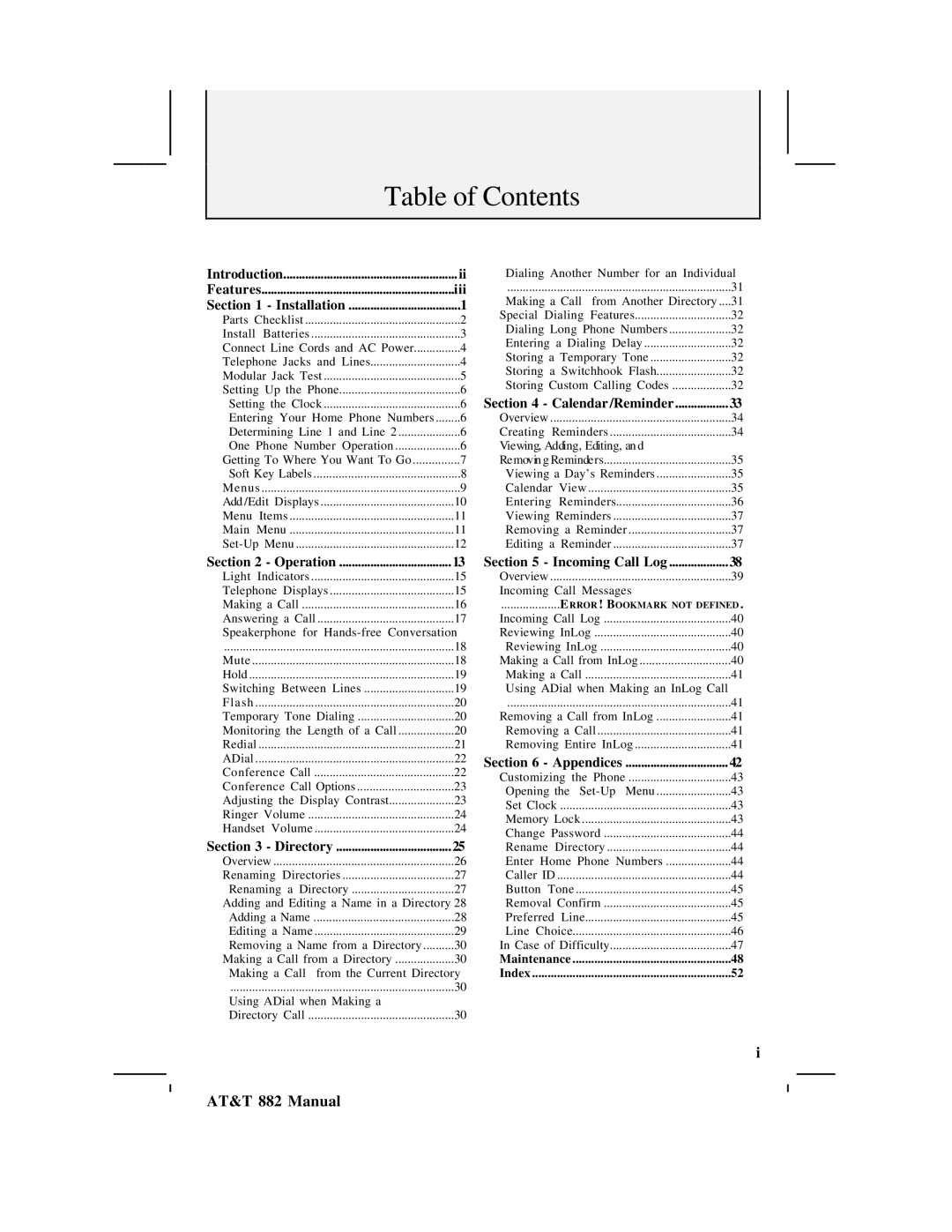 AT&T 882 user manual Table of Contents 