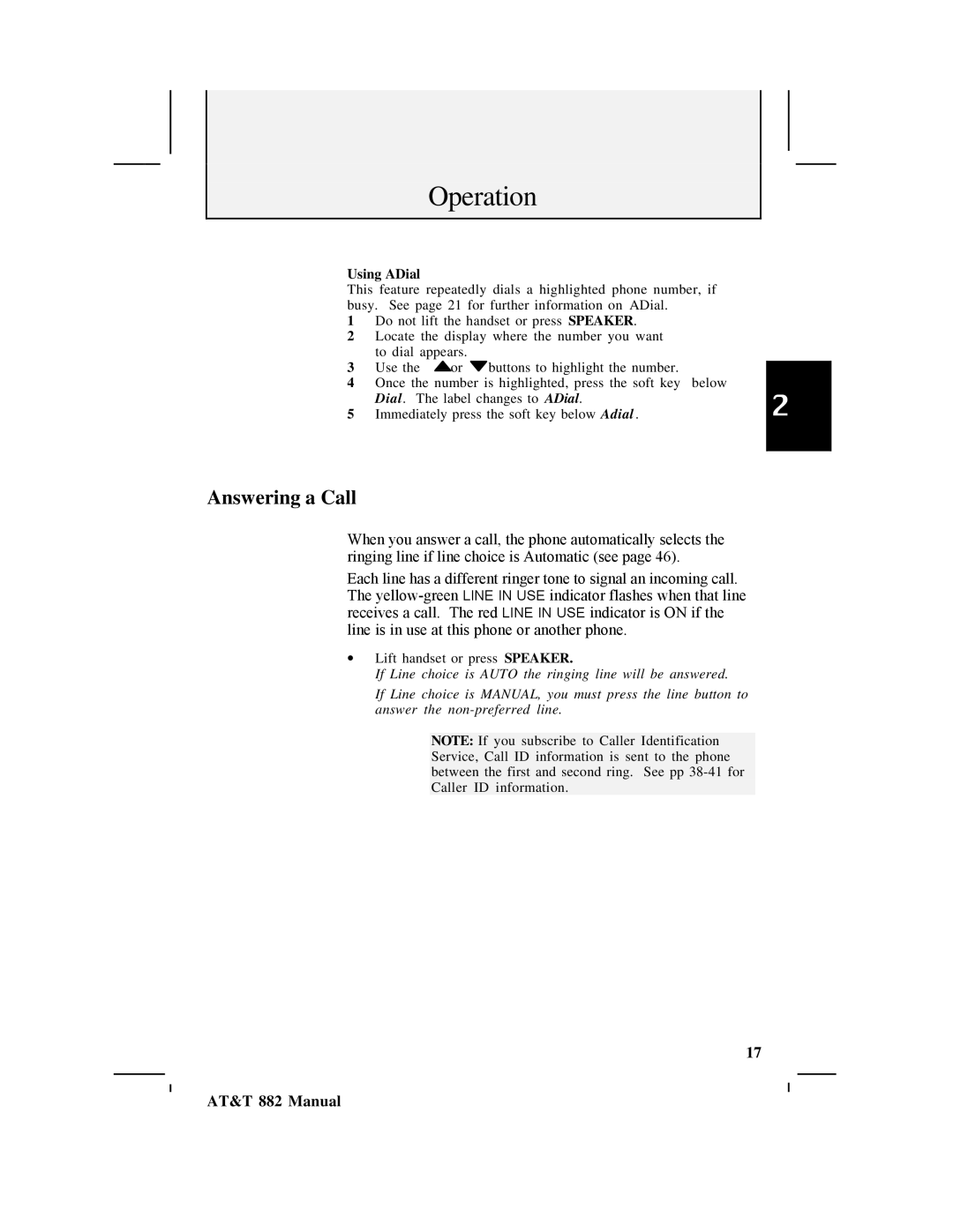 AT&T 882 user manual Answering a Call, Using ADial 