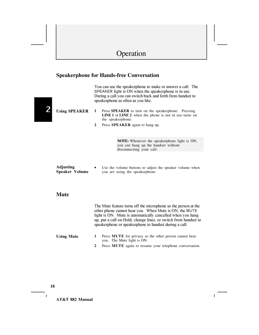 AT&T 882 user manual Speakerphone for Hands-free Conversation, Adjusting, Speaker Volume, Using Mute 