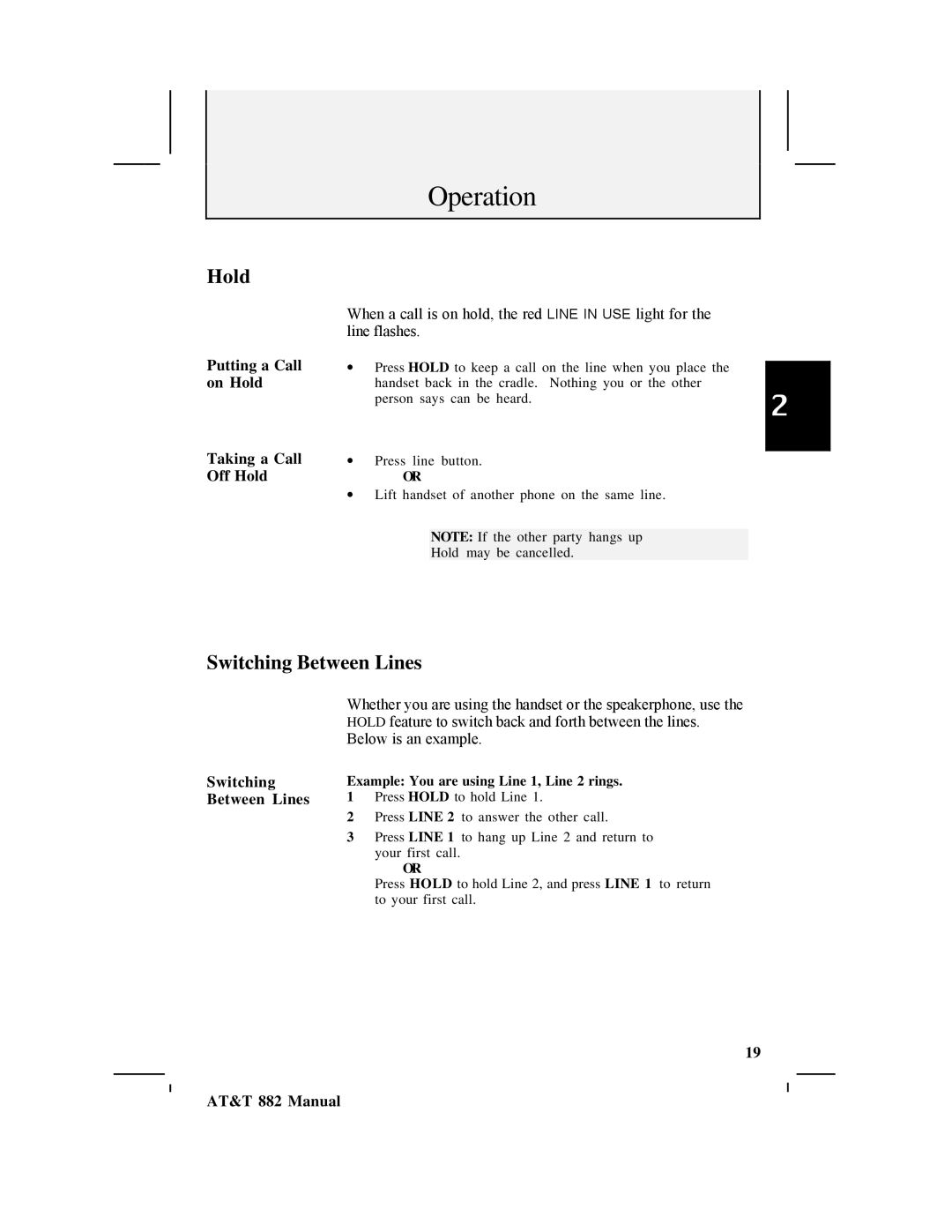 AT&T 882 user manual Hold, Switching Between Lines 