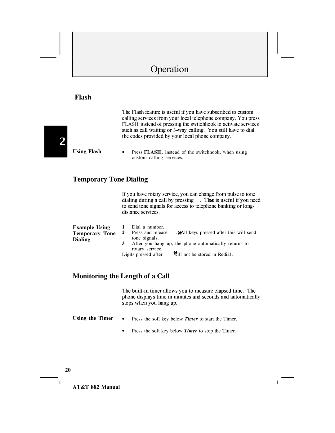 AT&T 882 user manual Flash, Temporary Tone Dialing, Monitoring the Length of a Call 