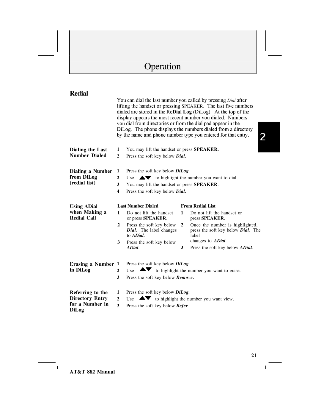 AT&T 882 user manual Redial 