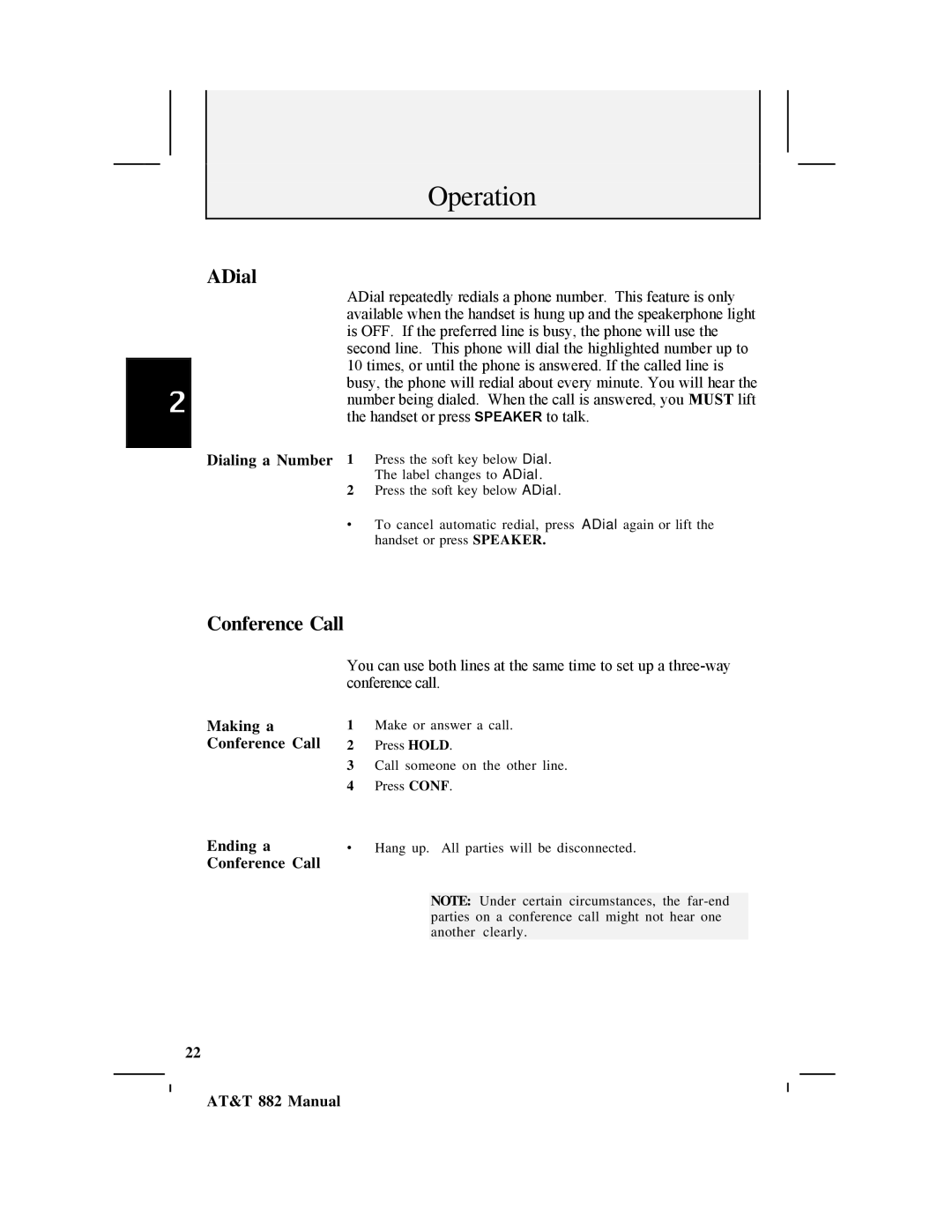 AT&T 882 user manual ADial, Making a Conference Call Ending a Conference Call 