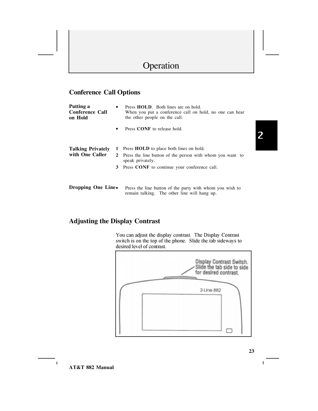 AT&T 882 user manual Conference Call Options, Adjusting the Display Contrast 