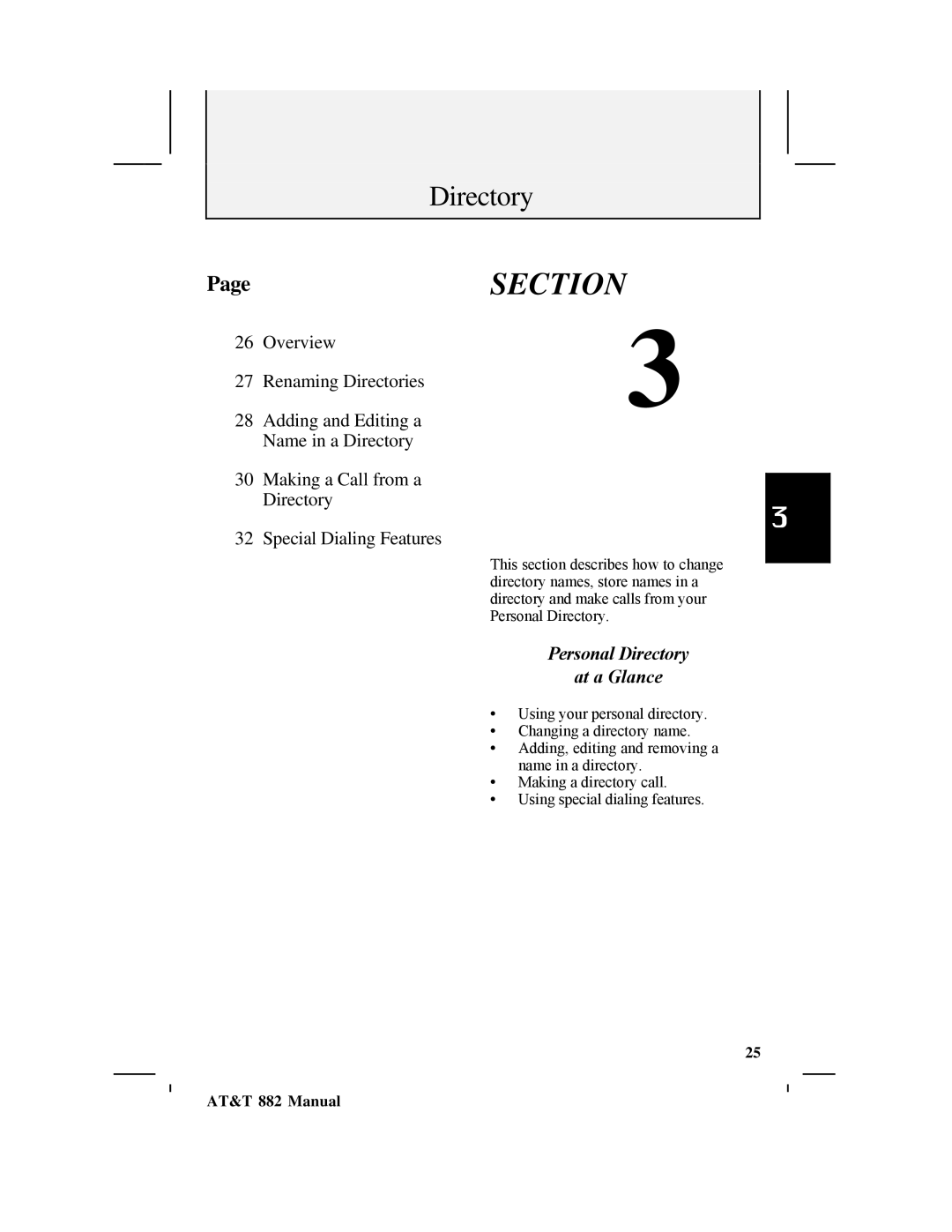 AT&T 882 user manual Making a Call from a Directory Special Dialing Features 