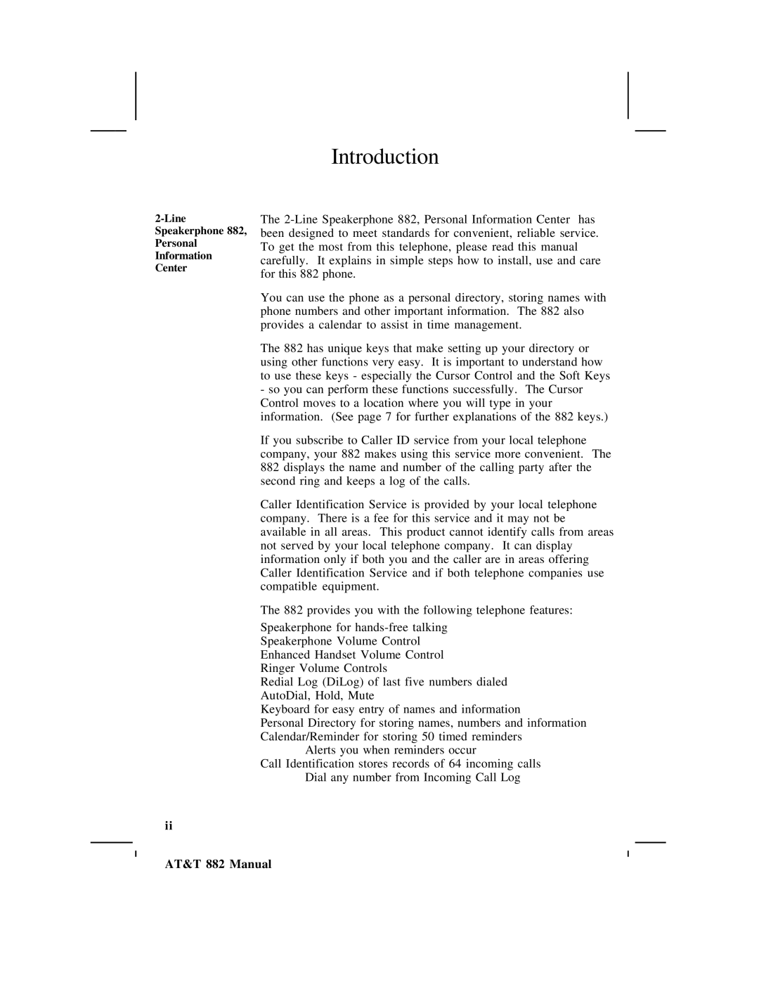 AT&T user manual Introduction, Line Speakerphone 882, Personal Information Center 