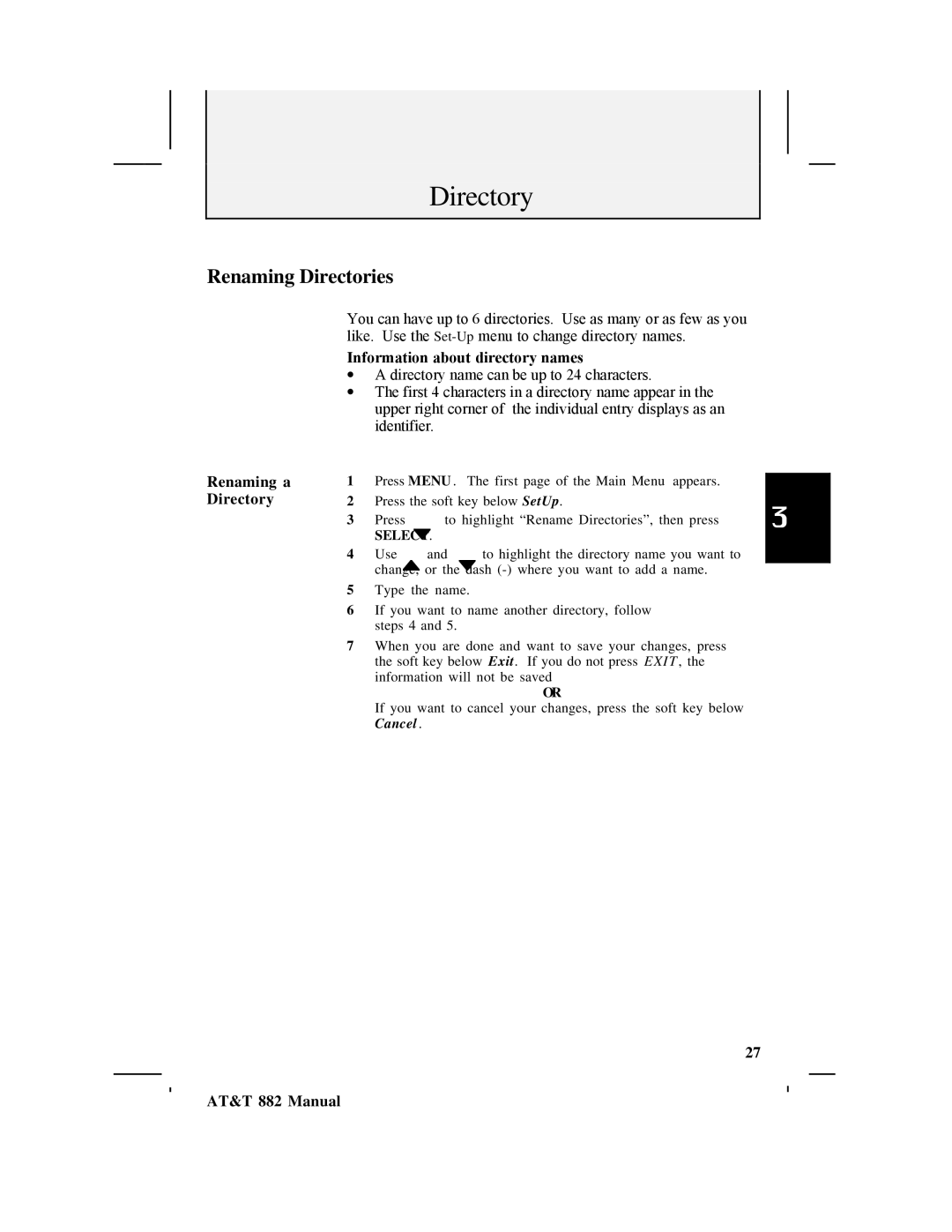 AT&T 882 user manual Renaming Directories, Renaming a Directory 