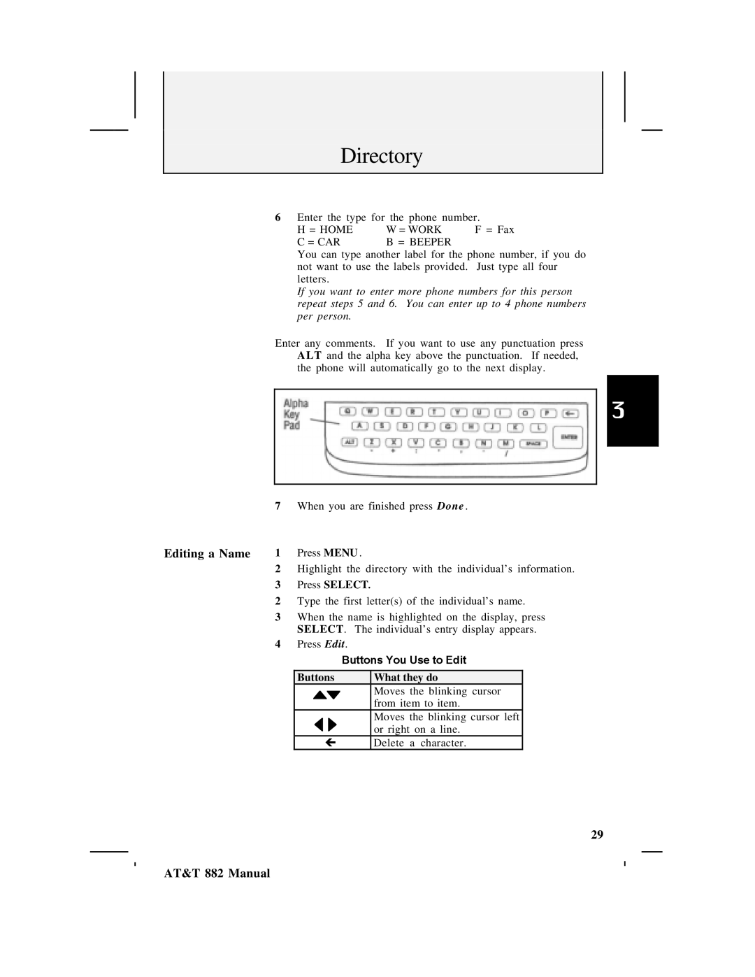 AT&T 882 user manual Editing a Name 1 Press Menu, Buttons What they do 