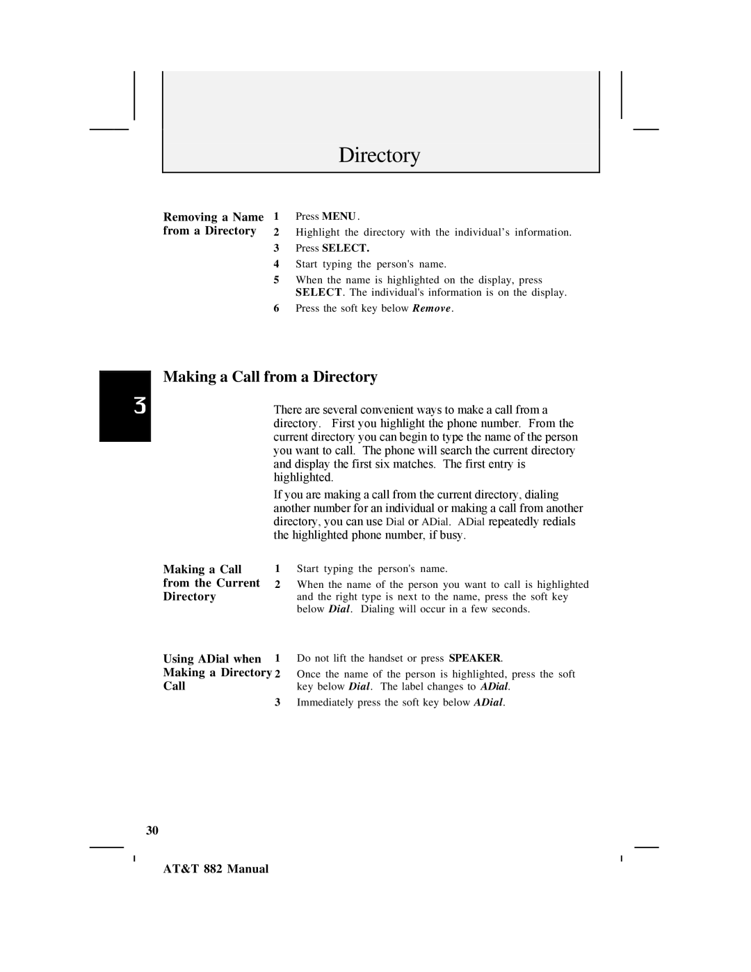 AT&T 882 user manual Making a Call from a Directory 