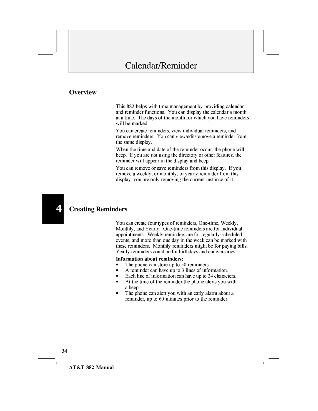 AT&T 882 user manual Creating Reminders, Information about reminders 