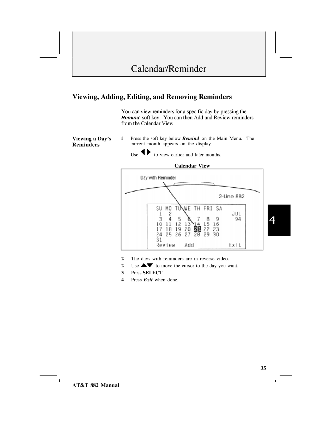 AT&T 882 user manual Viewing, Adding, Editing, and Removing Reminders, Viewing a Day’s Reminders, Calendar View 