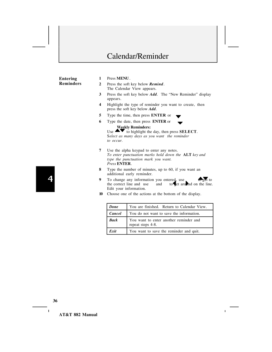 AT&T 882 user manual Entering Reminders, Weekly Reminders 