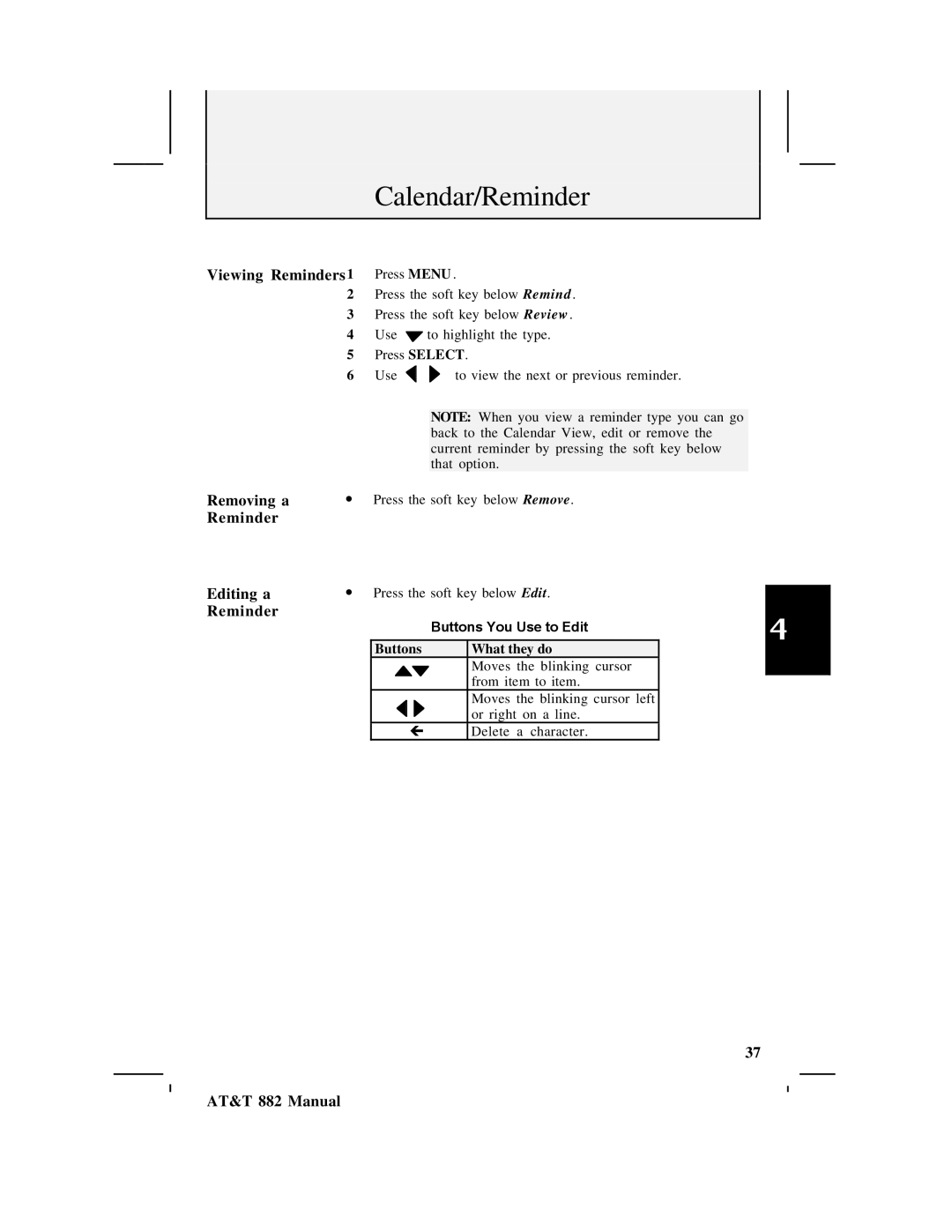 AT&T 882 user manual Viewing Reminders 1 Press Menu, Removing a, Reminder Editing a 