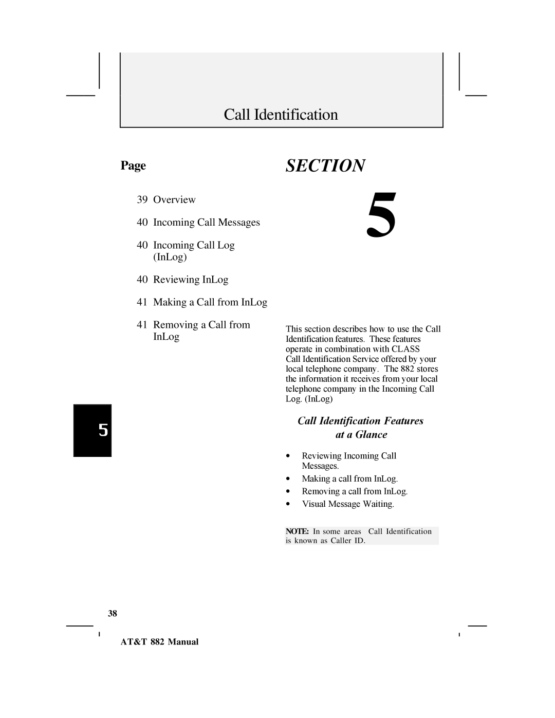 AT&T 882 user manual Call Identification Features At a Glance 