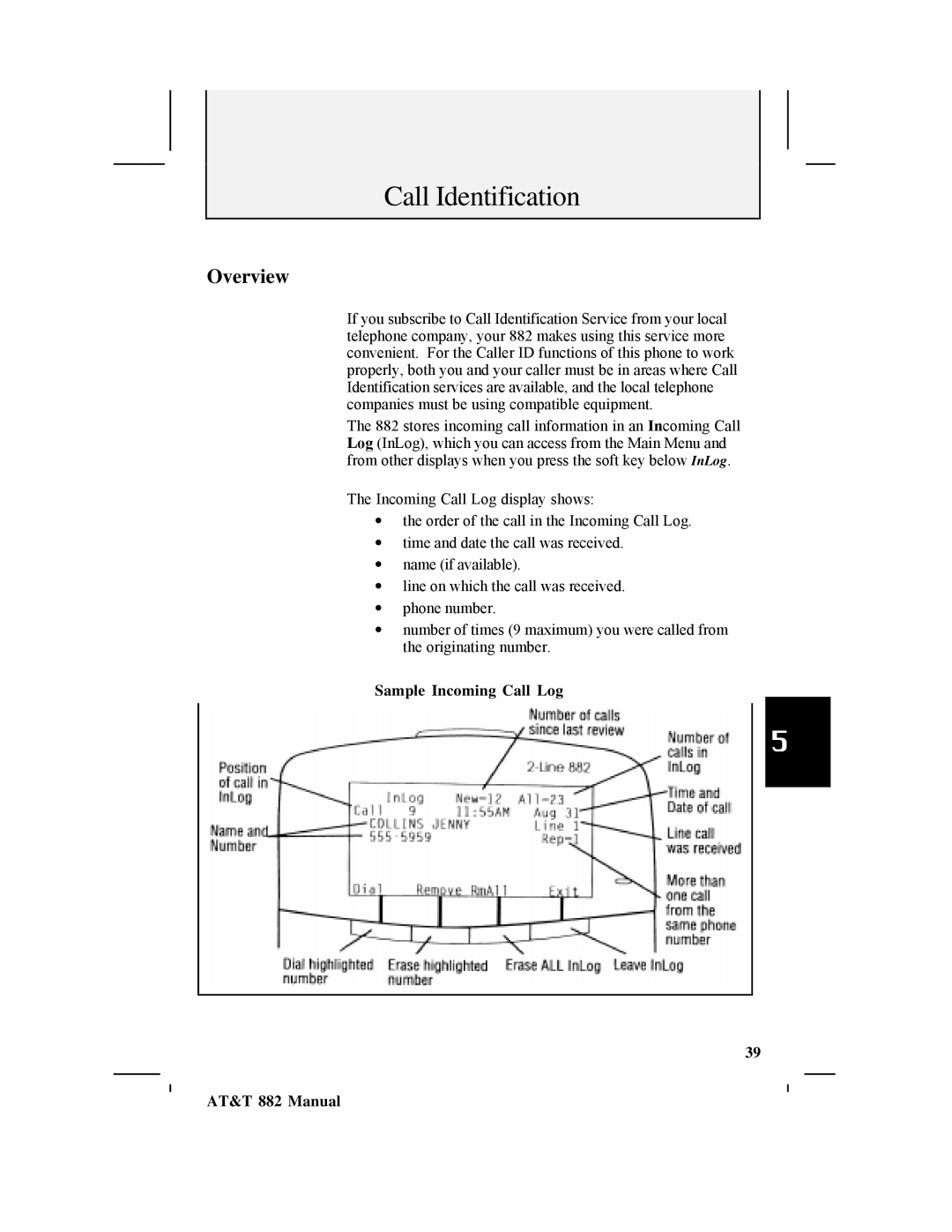 AT&T user manual Overview, Sample Incoming Call Log AT&T 882 Manual 