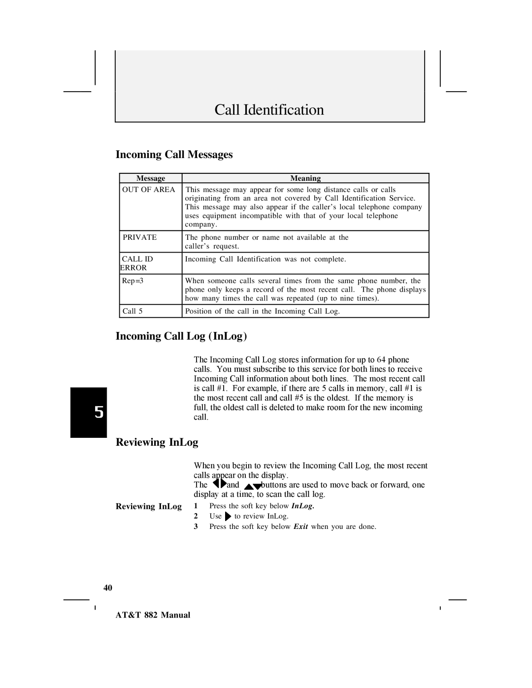 AT&T 882 user manual Incoming Call Messages, Incoming Call Log InLog, Reviewing InLog, Message Meaning 